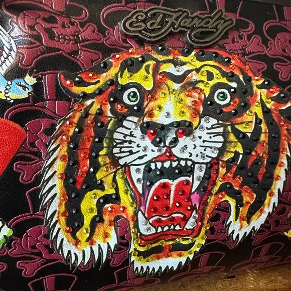 Ed Hardy Bag with Rhinestone Tiger, Skull & Bird Design Vegan Leather Purse NWT - Picture 3 of 8